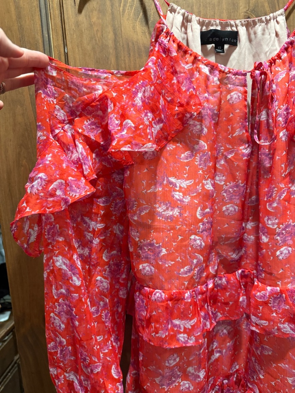 Adelyn Rae Red Floral Ruffle Cold-Shoulder Dress - Picture 3 of 4